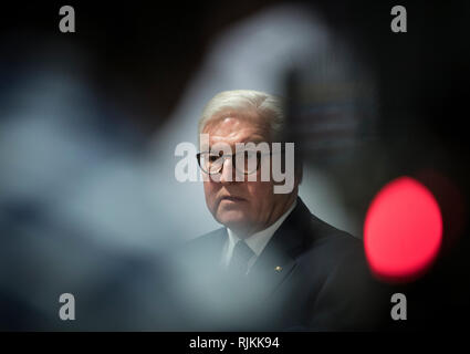 07 February 2019, Hessen, Frankfurt/Main: Federal President Frank-Walter Steinmeier issued a press statement after an interview with police officers. Steinmeier completes a short visit programme in Frankfurt. Photo: Boris Roessler/dpa Stock Photo