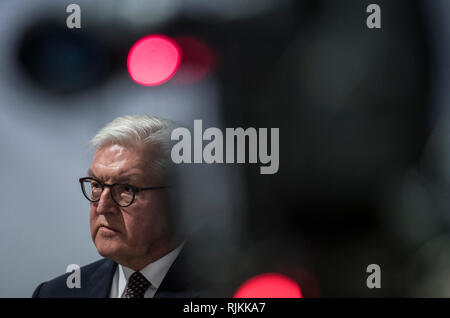 07 February 2019, Hessen, Frankfurt/Main: Federal President Frank-Walter Steinmeier issued a press statement after an interview with police officers. Steinmeier completes a short visit programme in Frankfurt. Photo: Boris Roessler/dpa Stock Photo