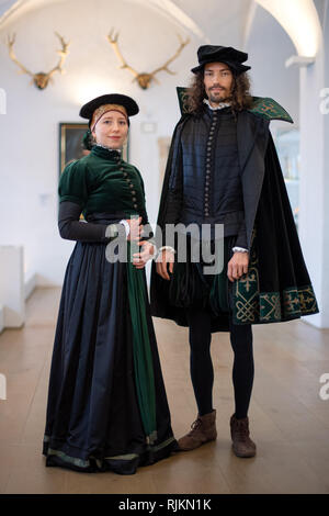 07 February 2019, Saxony, Königstein: Models presents at the annual press conference of the fortress Königstein in the exhibition rooms of the Georgenburg Renaissance clothes, which are used at the planned Renaissance celebration on the occasion of the 400th anniversary of the Georgenburg. Photo: Monika Skolimowska/dpa-Zentralbild/ZB Stock Photo