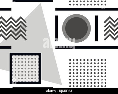 Memphis seamless pattern, black and white geometric shapes in the style of 80s. Points and dotted lines. Vector illustration Stock Vector