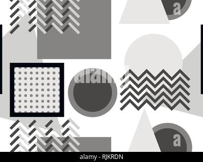 Memphis seamless pattern, black and white geometric shapes in the style of 80s. Points and dotted lines. Vector illustration Stock Vector