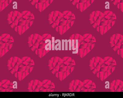 Polygonal hearts seamless pattern red color. Happy Valentine's day, 14th of February. Bright hearts with gradient. Vector illustration Stock Vector