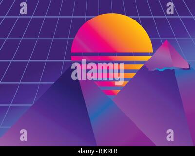 Retro futurism pyramid. Perspective grid. Neon sunset. Synthwave retro background. Retrowave. Vector illustration Stock Vector