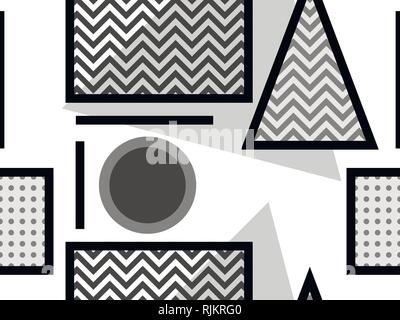 Memphis seamless pattern, black and white geometric shapes in the style of 80s. Points and dotted lines. Vector illustration Stock Vector