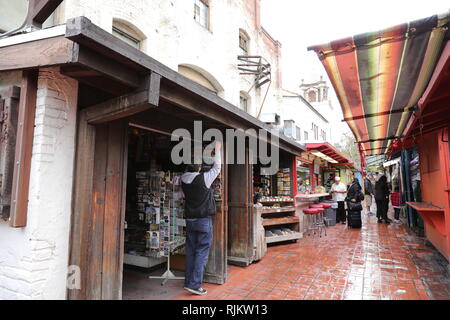 Olvera Street (Calle Olvera or Placita Olvera) is a historic district in downtown Los Angeles. Stock Photo