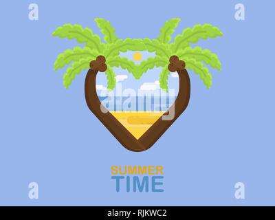 Summer Time. Summer time logo with two palm trees, beach, sea and blue sky. Stock Vector