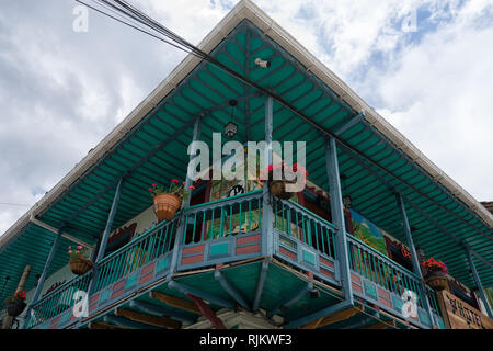 Filandia, Colombia- September 9, 2018: brightly coloured building are giving the popular tourist town a unique look Stock Photo