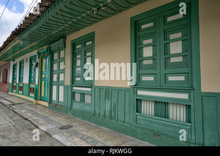 Filandia, Colombia- September 9, 2018: typical brightly colored building facade for the popular tourist destination town Stock Photo