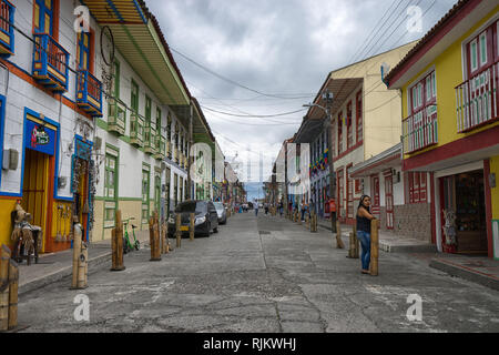 Filandia, Colombia- September 9, 2018: brightly coloured building are giving the popular tourist town a unique look Stock Photo