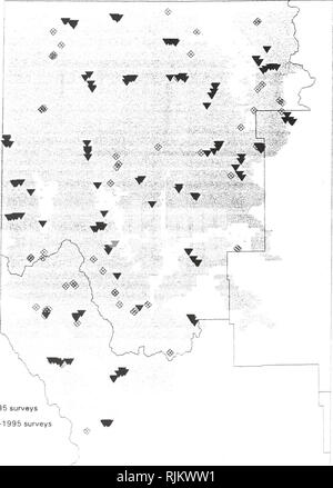 . Bats of the Kootenai National Forests, Montana : a report to USDA Forest Service . Bats; Bats. Bat Survey Locations On or near the Kootenai National Forest, Montana. 1995 surveys pre-1995 surveys Survey locations from the Montana Natural Heritage Program, May 17, 1996. Please note that these images are extracted from scanned page images that may have been digitally enhanced for readability - coloration and appearance of these illustrations may not perfectly resemble the original work.. Hendricks, P. (Paul); Montana Natural Heritage Program. Helena, MT : Montana Natural Heritage Program Stock Photo