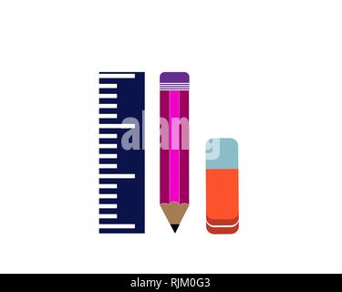 Ruler, pencil and eraser on a white background. Flat design. Vector illustration. Stock Vector