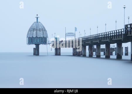 Vineta bridge Baltic Zinnowitz and diving bell on the island of Usedom - Translation of the text on the sign: 'Vineta bridge' 'Baltic Sea bath Zinnowi Stock Photo