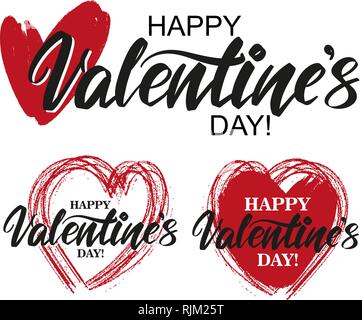happy Valentine s day text on the background of the heart on white background. , Valentine s day, greeting card hand drawn vector illustration sketch Stock Vector