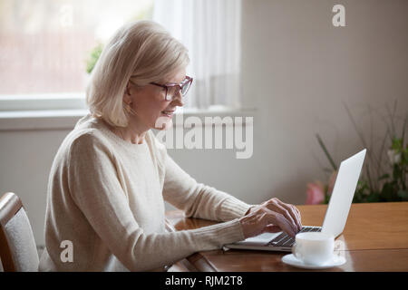 Satisfied mature woman typing message using notebook sitting at table Stock Photo