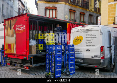 Delivering Mahou beer cases, Madrid, Spain Stock Photo
