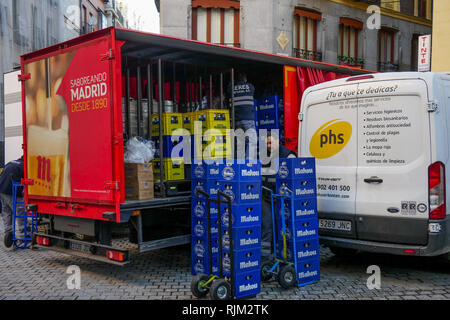 Delivering Mahou beer cases, Madrid, Spain Stock Photo
