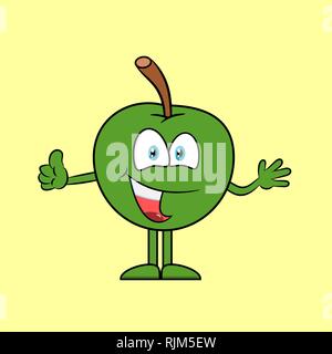 Happy green cartoon apple with thumb up, healthy food concept Stock Vector