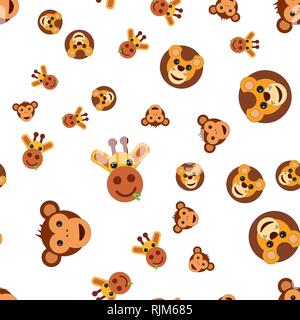 Seamless pattern of the head of a lion monkey and giraffe. Vector illustration in cartoon style. Stock Vector