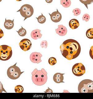 Seamless pattern of owl head of lion and pig. Vector illustration in cartoon style. Stock Vector
