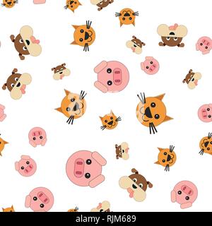 Seamless pattern of pig and dog cat heads. Vector illustration in cartoon style. Stock Vector