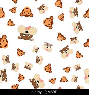 Seamless pattern of monkey head and dogs. Vector illustration in cartoon style. Stock Vector