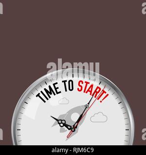 Time to Start. White Vector Clock with Motivational Slogan. Analog Metal Watch with Glass. Vector Illustration Isolated on Solid Color Background. Stock Vector