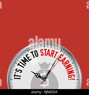 It's Time to Start Earnings. White Vector Clock with Motivational Slogan. Analog Metal Watch with Glass. Vector Illustration Isolated on Solid Color. Stock Vector