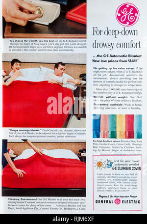 A 1955 magazine advertisement for General Electric electric blankets. Stock Photo