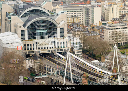 Aerial view of Charing Cross and Embankment stations from the Coca Cola London Eye. Stock Photo