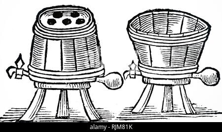 A woodcut engraving depicting tubs used in the process of making beer. Right: a tub for making beer. Left: cooling bath with holes in the top for receiving glass vessels. From Johann Rudolph Glauber 'A Description of New Philosophical Furnaces'. London. Dated 17th century Stock Photo