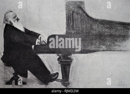 Illustration showing Johannes BRAHMS (1833-1897) German composer, at the piano. After drawing by Prof. W. von Beckerath Stock Photo