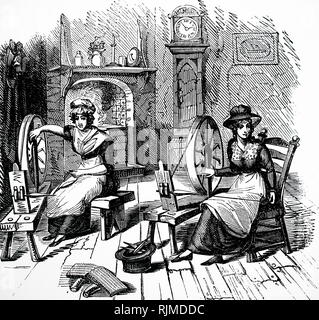 Illustration showing Hand spinning, carding and roving. The wire 'cards' or 'combs' are in the left foreground. 1848 Stock Photo