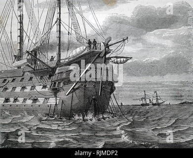Illustration showing HMS AGAMEMNON laying the Atlantic telegraph cable during the first attempt in 1858. Stock Photo
