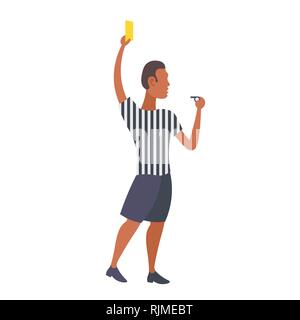 man professional soccer referee showing yellow card to player football match african american arbitrator male cartoon character full length flat Stock Vector