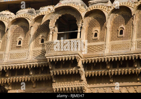 Beautifully carved windows situated in the fort complex, Jaisalmer, Rajasthan, India Stock Photo