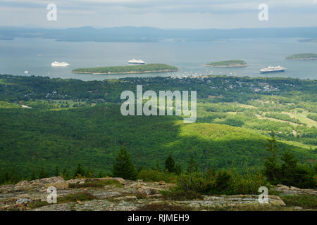 Cruise ships in Frenchman Bay, Bar Harbor, Maine, seen from the top of Cadillac Mountain, Acadia National Park. Stock Photo