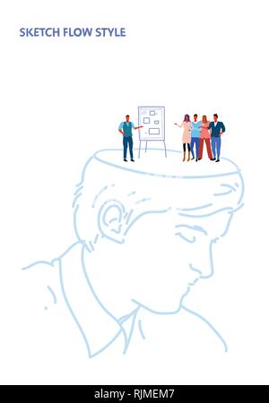 open human head businessman making business presentation on flip chart to colleagues people group creative idea concept sketch flow style vertical Stock Vector