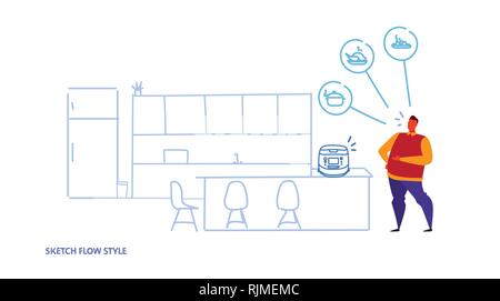 home automatic multicooker controlled by man smart tech multi cooker recognizes commands voice control concept modern kitchen interior sketch flow Stock Vector