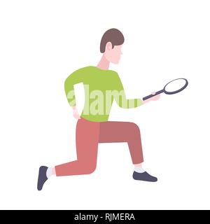 man using magnifying glass searching detecting and analyzing concept male cartoon character full length flat isolated Stock Vector