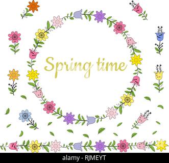 Colorful wreath made from different spring flowers and leaves. Endless horizontal brush. Seamless horizontal border. Vector hand drawing illustration. Stock Vector