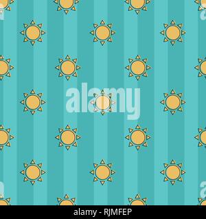 Beautiful seamless vector pattern of sun on a striped blue background. Stock Vector