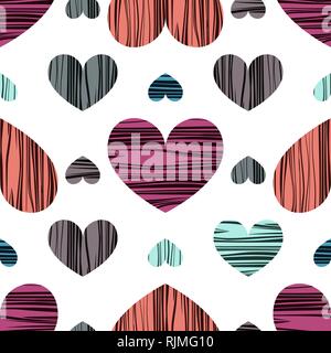 Blue, pink, purple and gray hearts with stripes. Seamless pattern background. Vector illustration. Design for textiles Stock Vector