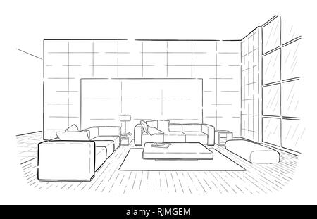 Living room graphic interior vector sketch draw Stock Vector