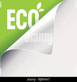 Curled corner of white paper on a green left top angle background. Eco slogan sign with leaves. Vector illustration. Stock Vector