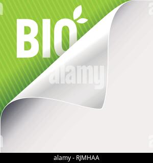 Curled corner of white paper on a green left top angle background. Bio slogan sign with leaves. Vector illustration. Stock Vector