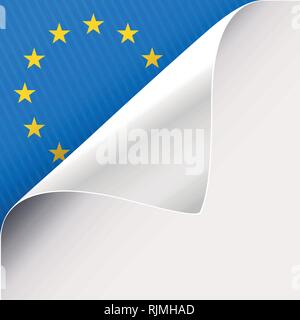 Curled corner of white paper on a blue left top angle background with European Union sign. Vector illustration. Stock Vector