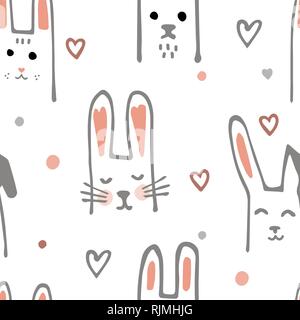 Cute Cartoon Baby Rabbit or Bunny Seamless Pattern. Vector Illustration. Hand Drawn Doodle Background. Stock Vector