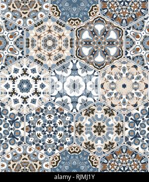 Seamless hexagonal mosaic tiles in vector set. Oriental and ethnic motifs in design patterns. Stock Vector