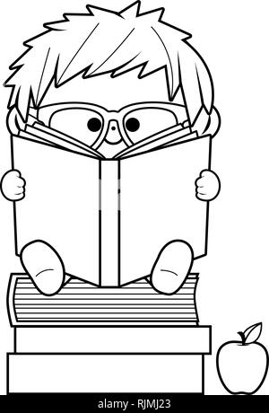 A child sitting on a stack of books and reading in class. Student kid at school reading and doing his homework. Story book for preschooler. Stock Vector