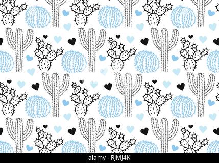Cactus and hearts vector pattern in blue, black and white color palette Stock Vector